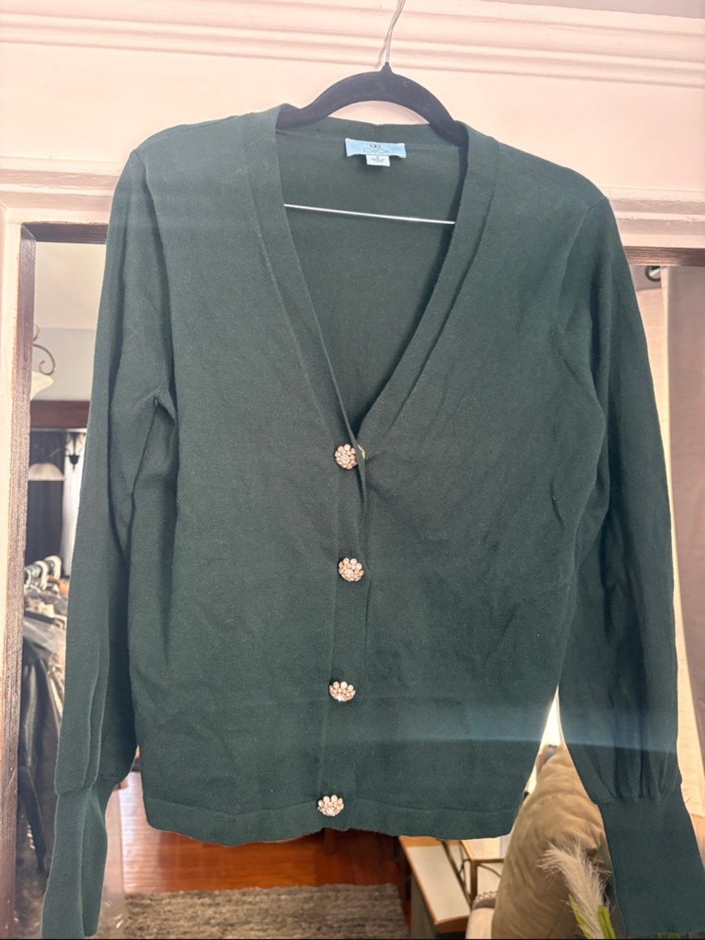 CeCe Deep Green V-Neck Button Floral Accent Cardigan